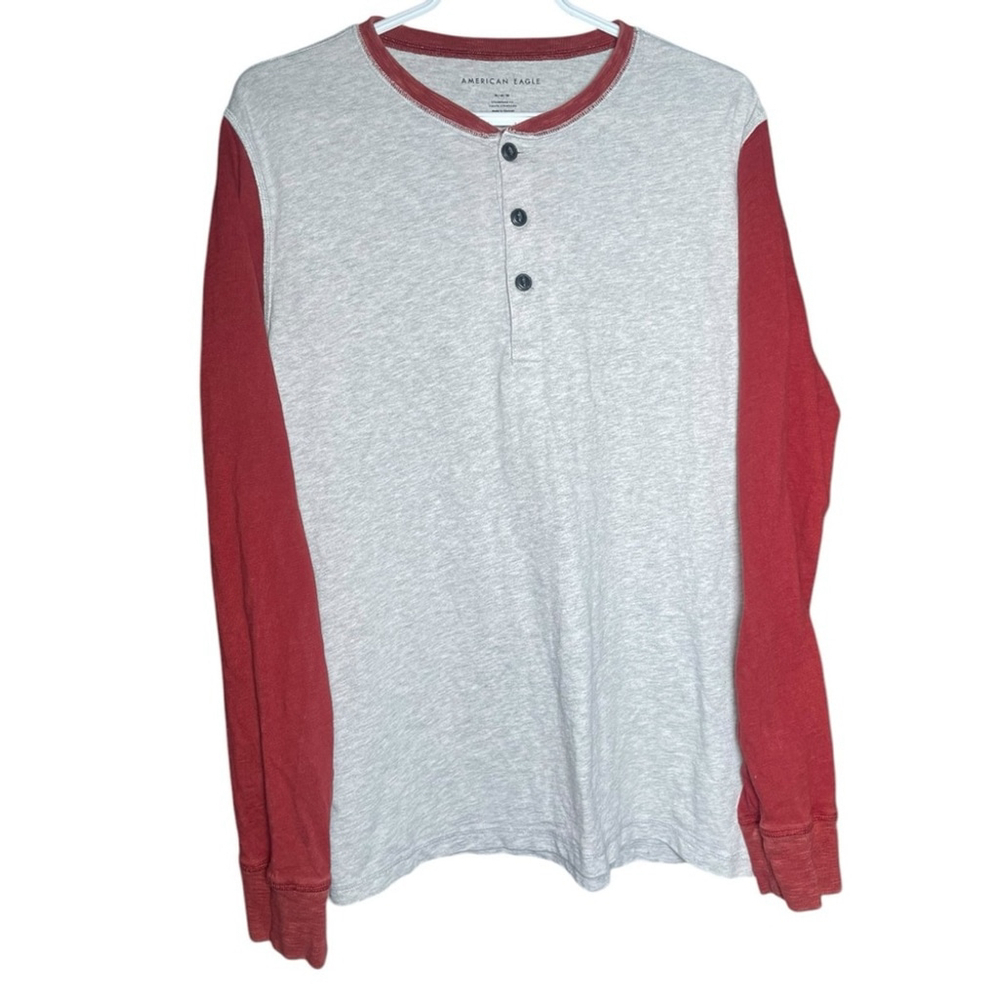 American Eagle Medium Mens Shirt Long Sleeve Neutral Minimalist Henley Button AE